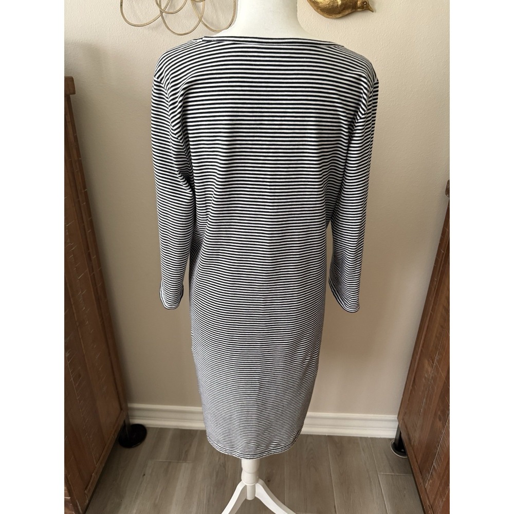 J Jill Perfect Pima Dress Medium Black White Striped 3/4 Sleeve Casual Knit - Picture 2 of 9